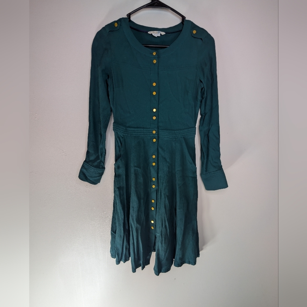 Boden Emerald Green 2P Knee Length Dress With Gold Buttons